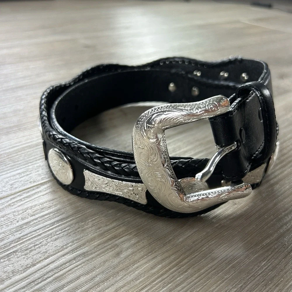 VTG Tony Lama Size 38 Black Leather Silver Cutting Champ Conchos Belt 76903